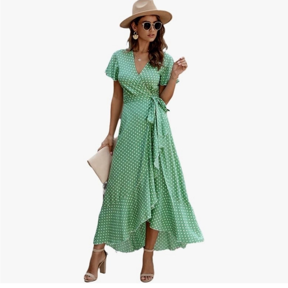 Green & White Flowing Polka Dot Wrap Dress Size Small Snap Top - Picture 9 of 9